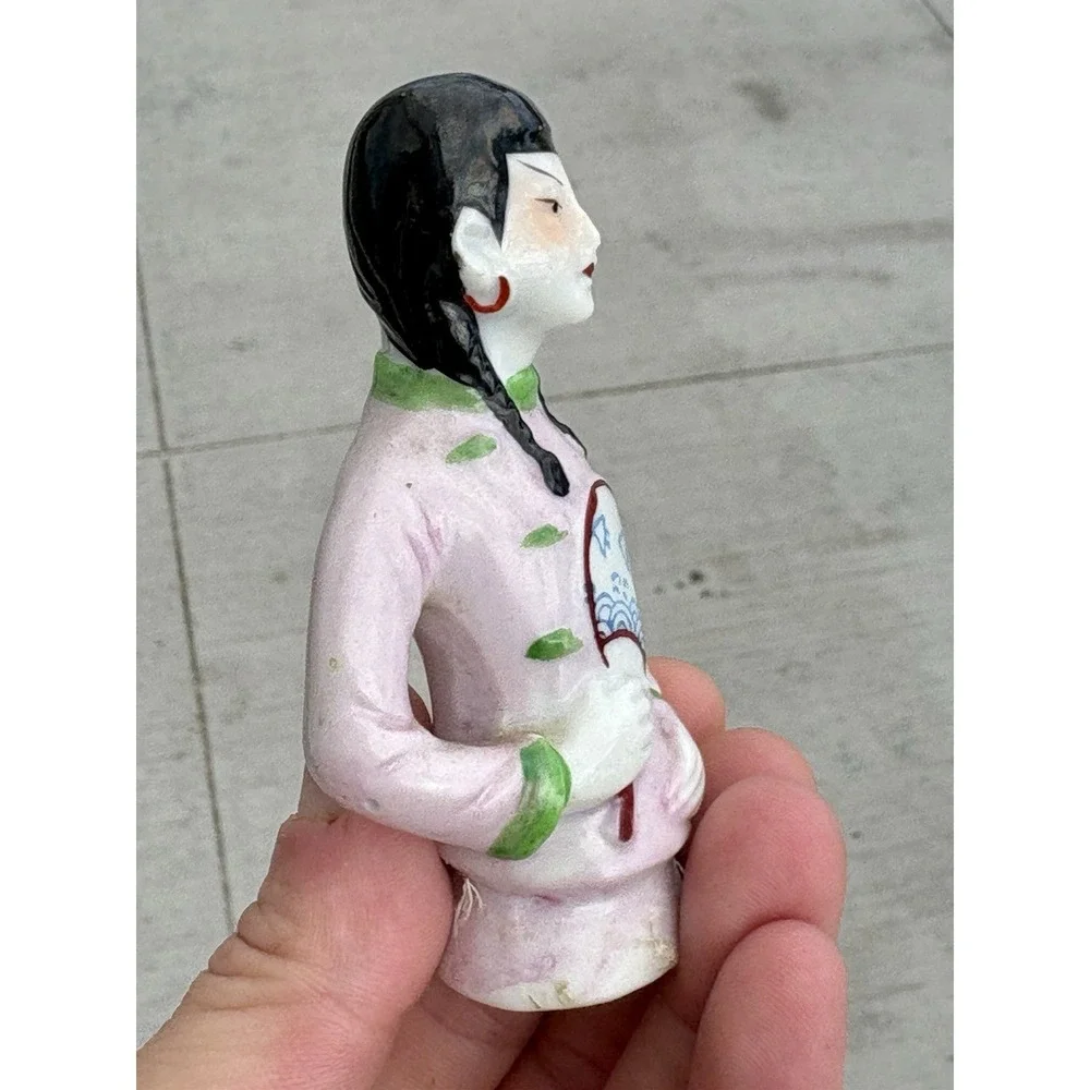 Antique Flapper Half Doll Pincushion Asian Lady W Fan